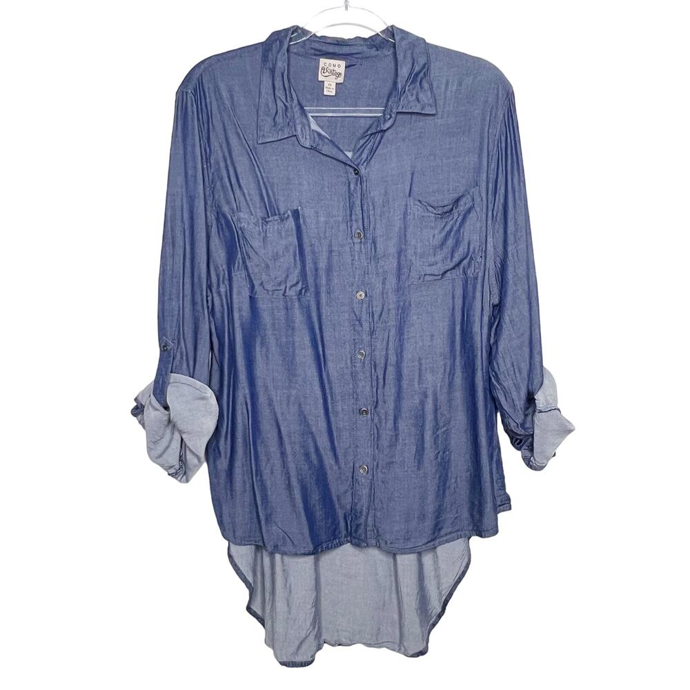 COMO VINTAGE Shimmer Chambray Button-Down Shirt Long Sleeve Blue Size Plus 2X
